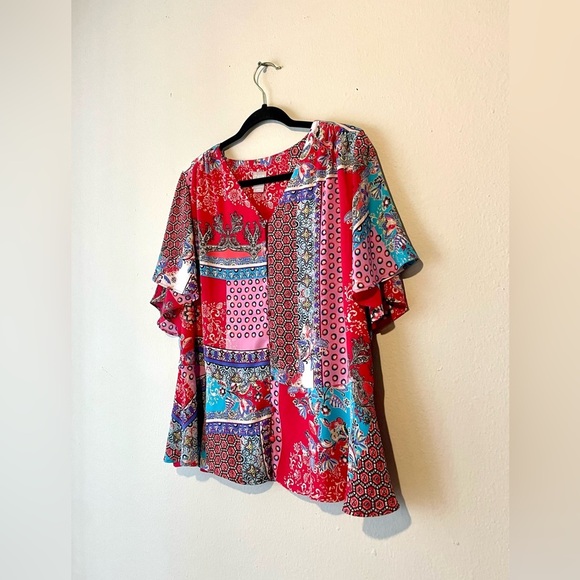 Chicos Patchwork Print Peplum Flutter Sleeve Top Blouse Size 2 Pink Red Floral - Picture 2 of 7